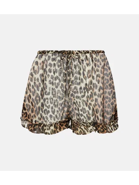 Pantaloni scurți Ganni din șifon cu imagine cu model leopard galben