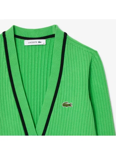 Lacoste Kardigan Dekolt W Kształcie Litery V Prążkowana Dzianina 3D zielony