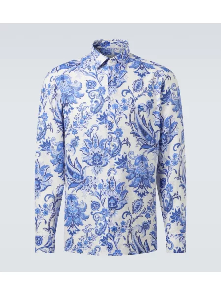 Cămașă Etro de in cu imagine albastru