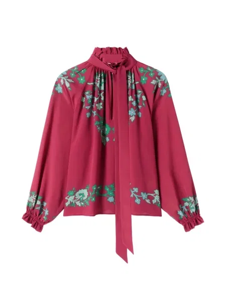 Bluză La Doublej cu model floral cu volane roșu