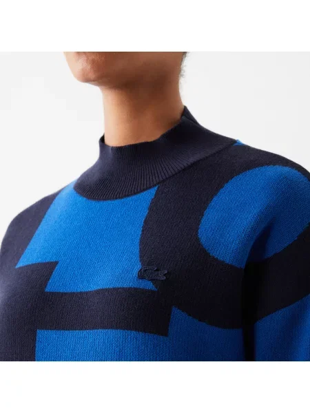 Lacoste Wzorzysty Sweter Z Golfem niebieski
