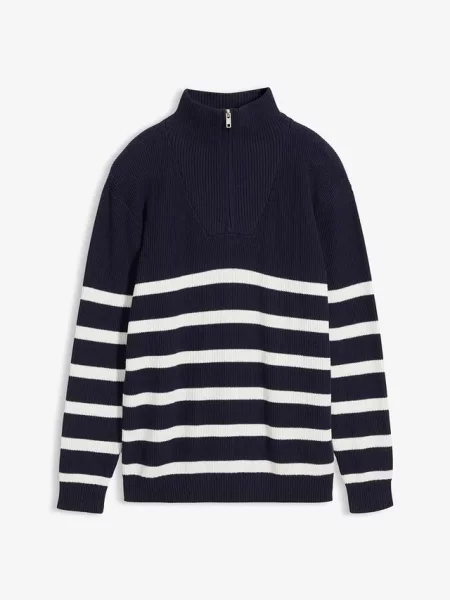 Sweter z cienkiej dzianiny z kołnierzem zapinanym na z czystej bawełny niebieski