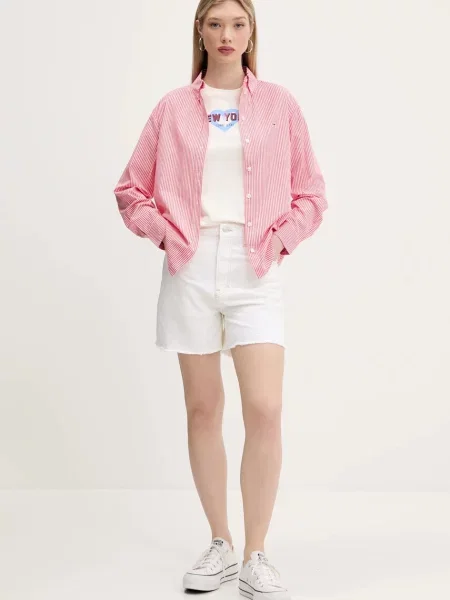 Tommy Jeans szorty jeansowe gładkie high waist beżowy