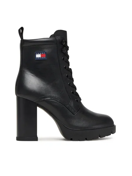 Кожени боти Tommy Jeans TJW HEEL LACE UP BOOT с дебел черно