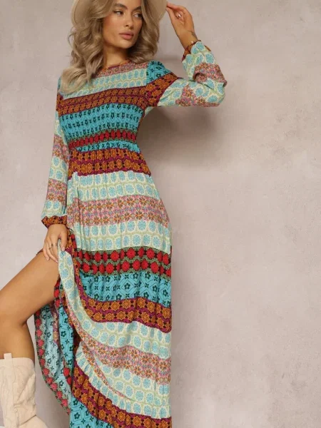 Rochie Albastru-Roșie Cloș Maxi cu Volan Angon roșu