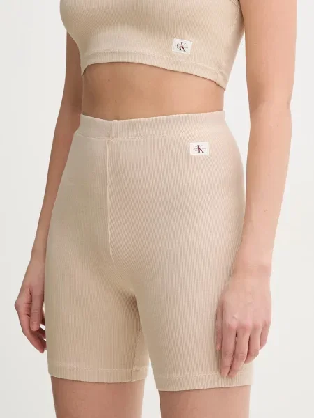 Къс дънкова пола Calvin Klein Jeans с висока талия бежово
