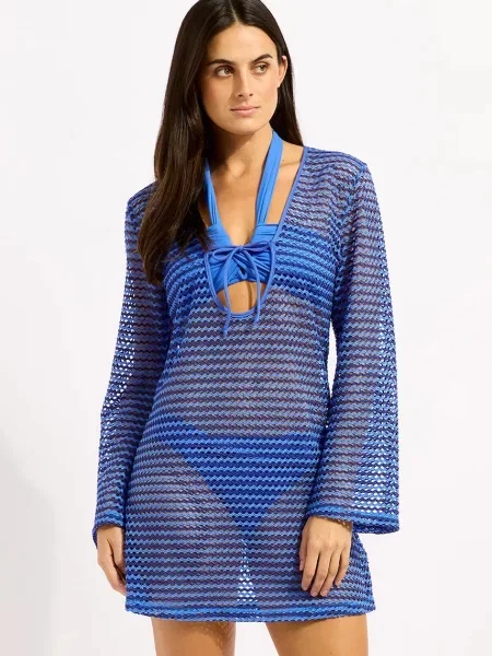 Seafolly plážové šaty Mesh Effect Cover Up modré