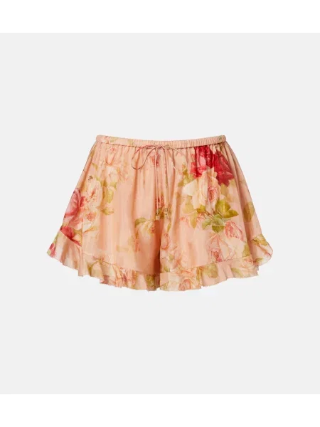 Pantaloni scurți Zimmermann de mătase cu model floral cu volane roz