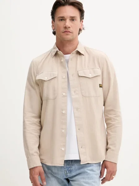 Риза G-Star Raw зелено със стандартна кройка с класическа яка бежово
