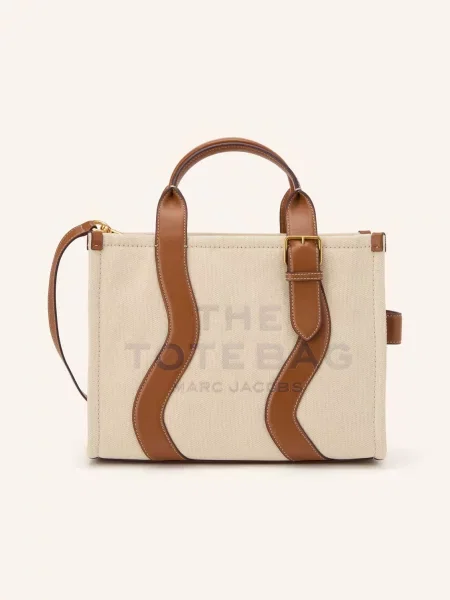Kožená pruhovaná shopper kabelka Marc Jacobs béžová