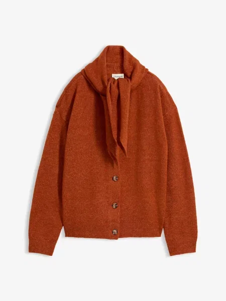 Sweter rozpinany z kołnierzem szalowym brązowy