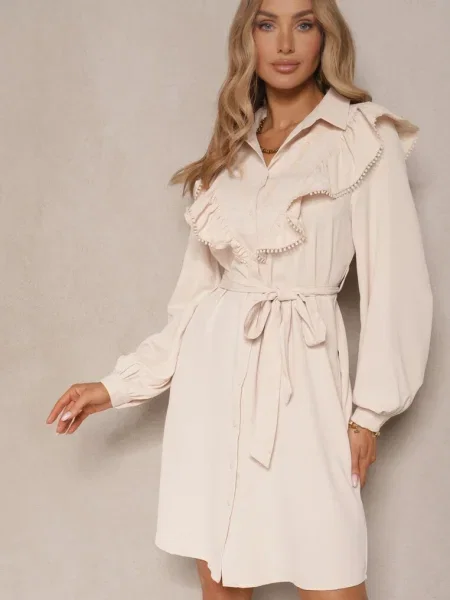 Rozkloszowana Sukienka Koszulowa z Falbankami i Koronką Naik beżowa