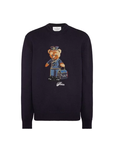 Sweter Philipp Plein wełniany z okrągłym dekoltem typu teddy niebieski