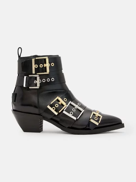 Кожени боти AllSaints Jane Buckle Boot с дебел черно