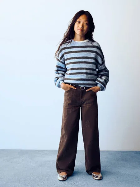 Jeansy wide leg z nadrukami Dzieci 12 MANGO KIDS brązowy