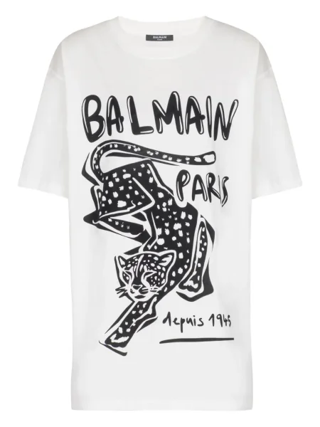 Tricou Balmain cu imagine cu model leopard scurt alb