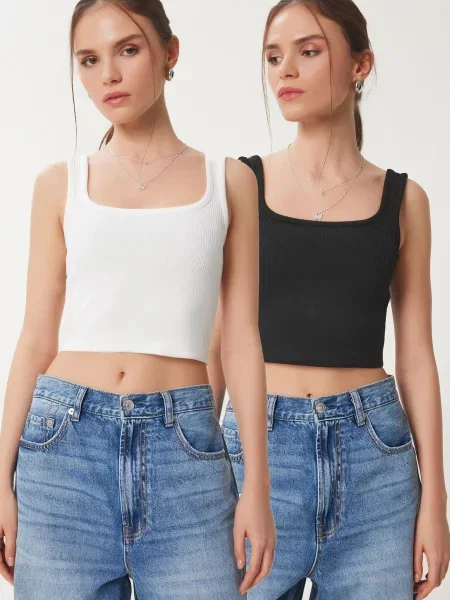 Happiness İstanbul Top brodat negru alb