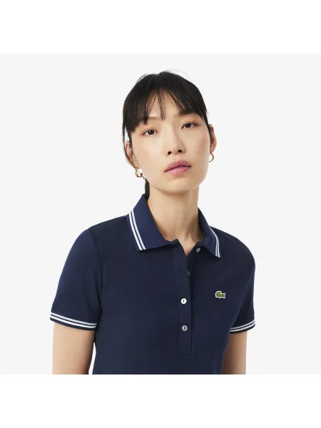 Lacoste Organiczna Sukienka Z Kołnierzykiem Polo Z Krótkim Rękawem Flare Fit granatowa