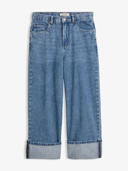 Jeansy wide leg mid waist cropped niebieskie