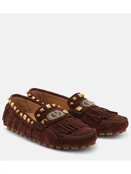 Pantofi loafer Valentino Garavani cu franjuri din piele de căprioară maro