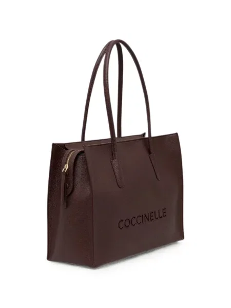 Кожена шопинг чанта Coccinelle с автограф кафяво