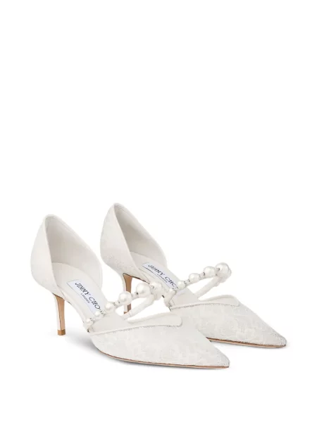 Pantofi cu toc Jimmy Choo cu perle din dantelă alb