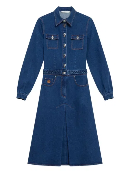 Sukienka jeansowa Maliparmi do kolan pleciona garniturowa niebieska