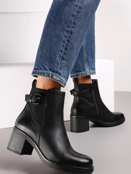 Botine cu Pătrat cu Curea și Cataramă Decorativă Xaline negre