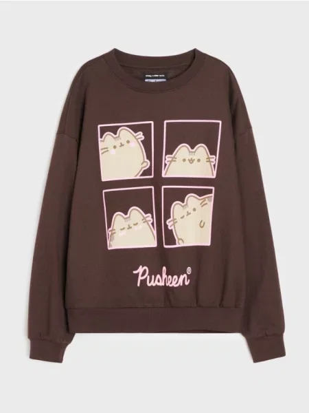 Sinsay Oversize mikina crewneck s potiskem Pusheen tmavě hnědá