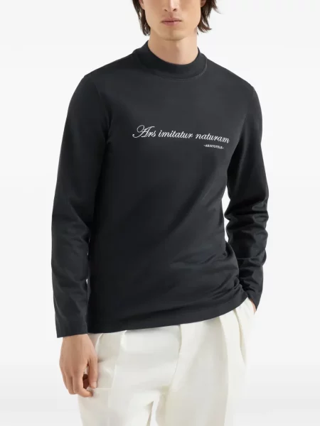 Tricou Brunello Cucinelli cu broderie cu mâneci lungi din jerseu negru