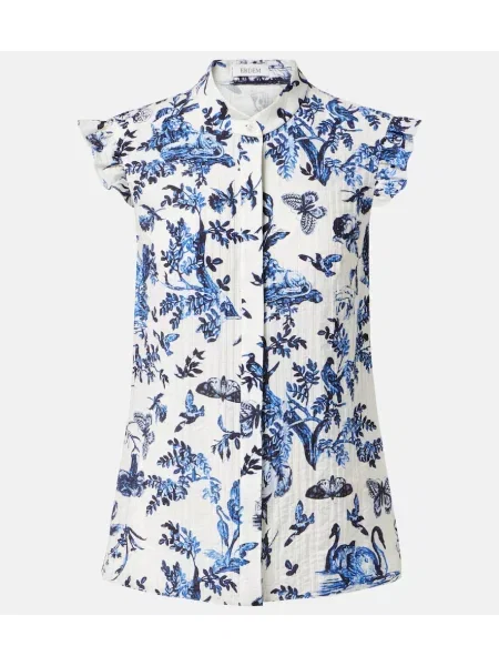 Cămașă Erdem cu model floral cu volane din poplin albastru