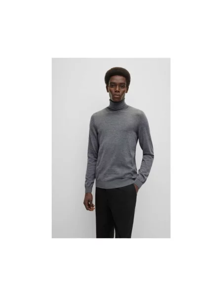 Lniany sweter z golfem Boss Black szary