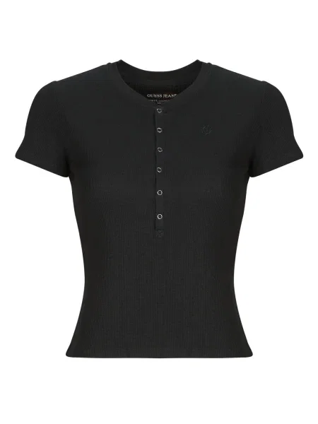 Tricou Guess cu guler henley negru