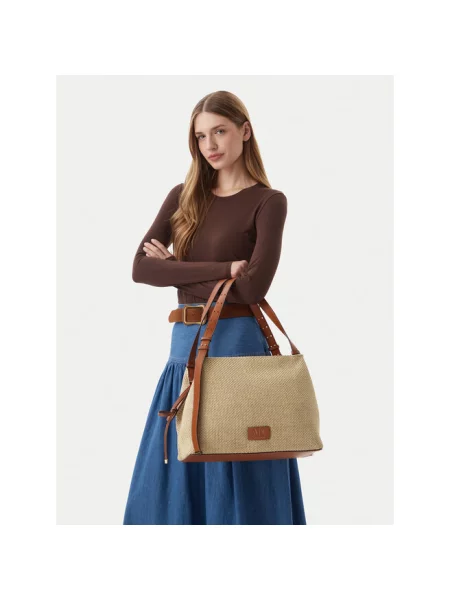 Lniana shopperka Armani Exchange pleciona beżowa