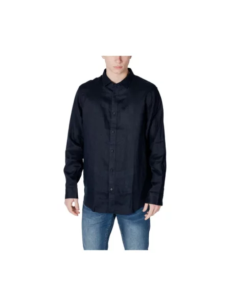 Lniana koszula Armani Exchange z długim rękawem z kołnierzem niebieska