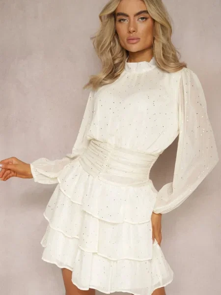 Rochie de Cocktail Deschis cu Volane și Imprimeu Strălucitor Merrinda bej