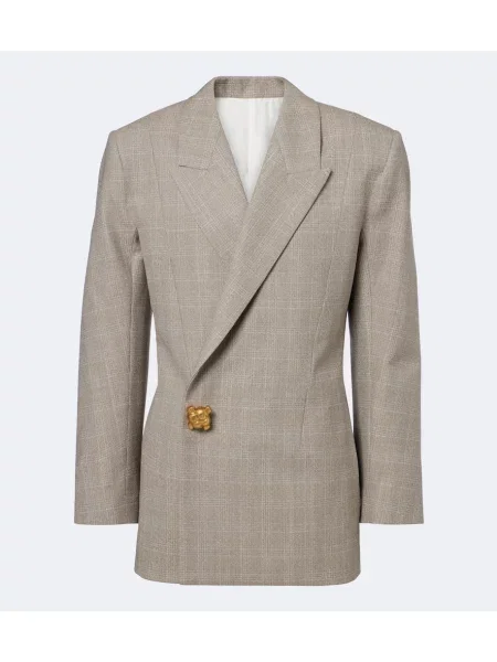 Sacou Bottega Veneta de lână în carouri cu două rânduri de nasturi gri