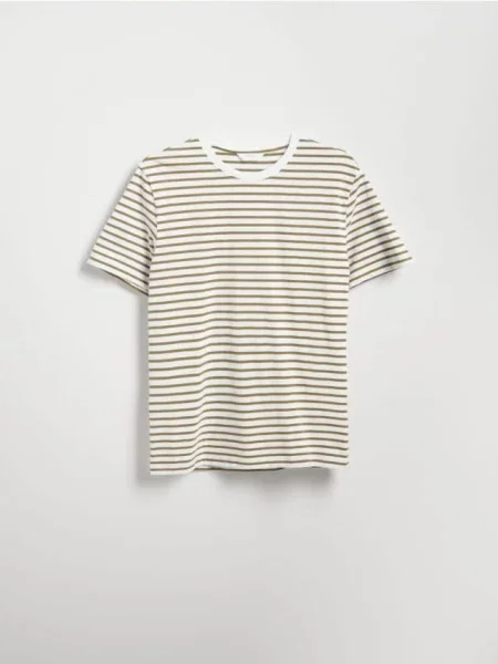 Reserved T-shirt regular w paski oliwkowy