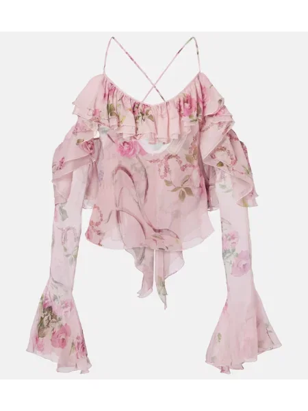 Top Blumarine de mătase cu model floral roz