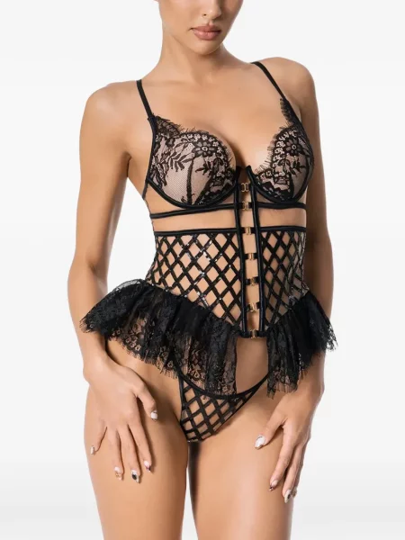 Body God Save Queens cu volane din dantelă negru