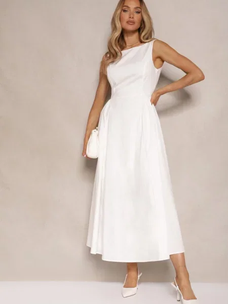 Rozkloszowana Sukienka Koktajlowa z Bawełny z Dekoltem Łódką i Fanilra biała