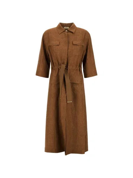 Lniana sukienka midi Herno ze sznurkiem brązowa