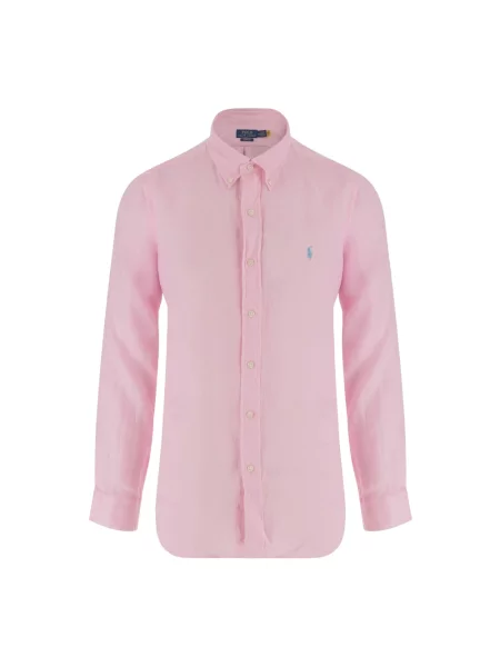 Lniana długa koszula Polo Ralph Lauren z długim rękawem różowa