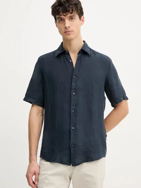 BOSS Orange cămașă de in bărbați bleumarin cu guler clasic regular portocaliu