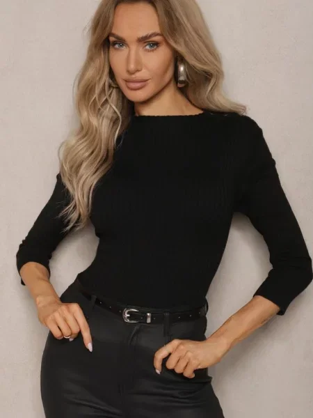 Sweter z Wiskozą z Prążkowanego Materiału Ozdobiony Napami Beroma czarny