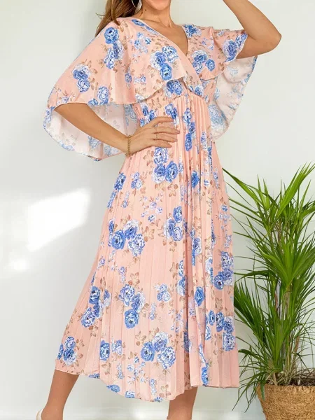 Rochie midi Resti cu model floral plisată până la genunchi albastru