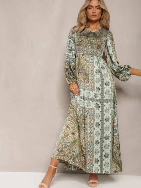 Rochie Maxi Boho cu Mânecă Bufantă și Partea Inferioară Cloș Veltiana verde