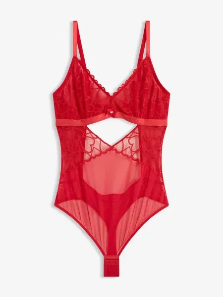 Body ze stringami z koronki ze wzorem w serca czerwony
