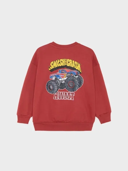 Sinsay mikina crewneck volného střihu s potiskem monster trucku na zádech oranžová