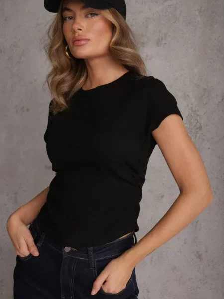 Dopasowany T-shirt z Marszczeniem z Bawełnianej Tkaniny w Prążki Assarena czarny